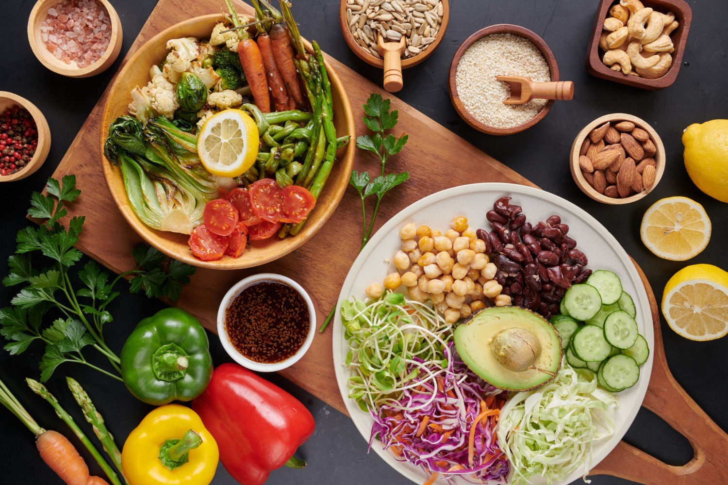 A colourful bowl of vegetables and legumes