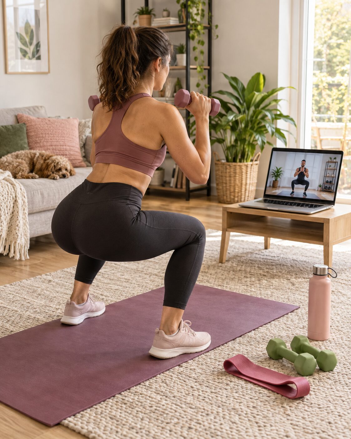 Woman exercising on a mat with light dumbbells and a resistance band while following an online personal training session on a laptop
